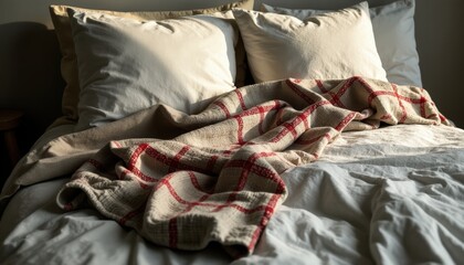High-angle view of a plaid blanket with sharp creases bunched up against textured linen cushions, top-down window light.