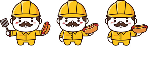 Funny Construction Worker Characters Holding Hotdogs with Mustaches and Hard Hats for Food Promotion, Cartoon Design, and Advertising Use