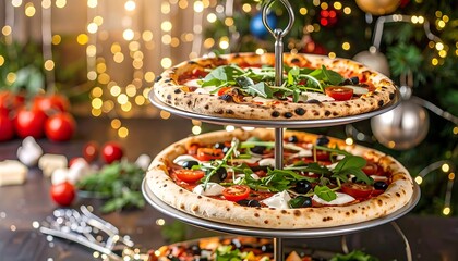 Two-tiered serving stand of gourmet pizzas topped with fresh ingredients, set against a blurred background of holiday lights and a decorated tree. Red tomatoes and greenery further accent the scene