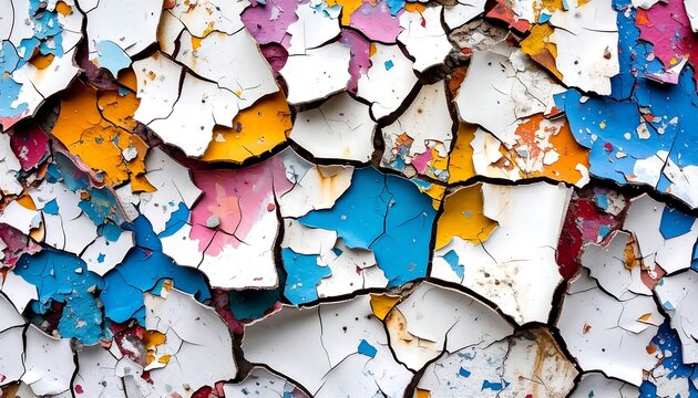 A macro view of peeling paint, displaying a vibrant and chaotic texture of cracks and color. The surface is weathered, revealing layers of colors and textures. Abstract art - Powered by Adobe