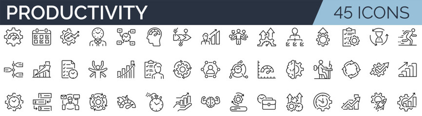 Obraz na płótnie Canvas Set of 45 outline icons related to productivity. Linear icon collection. Editable stroke. Vector illustration