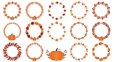 Autumn wreath collection, fall pumpkins and leaves, decorative frames, seasonal design