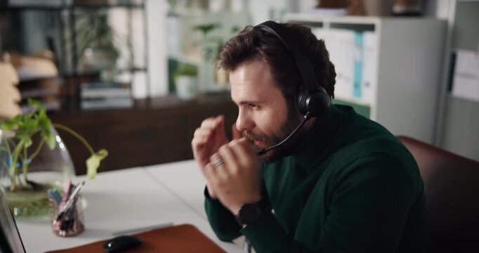 Business, man and headset in callcenter with frustrated agent, loud client or difficult customer support call. Conversation, tech and tired consultant with challenge, telecom and problem solving fail