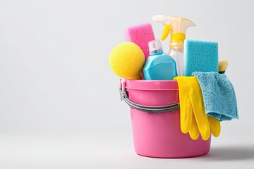Pink cleaning bucket filled with supplies