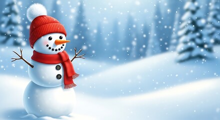 Cheerful snowman wearing a red hat and scarf in a snowy forest