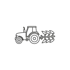 Tractor with plow line art illustration, simple outline drawing of a farm vehicle for plowing the land