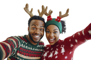 PNG Taking selfie wearing christmas sweaters antlers happy cheer.