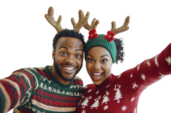 PNG Taking selfie wearing christmas sweaters antlers happy cheer.