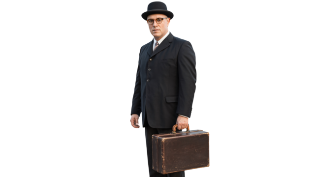 Stern businessman with bowler hat and briefcase in vintage suit