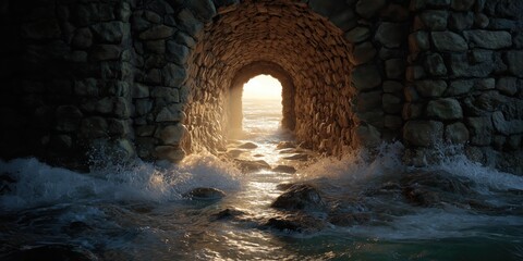 Coastal Passage: A low angle of an arched stone passage opening onto the sea with bright daylight. The rough waves splash through the opening.