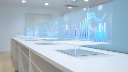 Futuristic office space featuring holographic displays showing data visualizations, creating a modern and innovative work environment with advanced technology integration