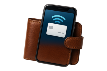 Smartphone with Leather Wallet and Digital Payment Card Isolated on a Transparent Background