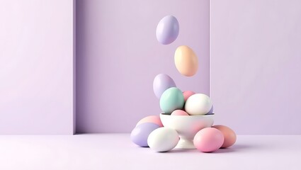 Pastel easter eggs falling into a bowl on a purple background easter holiday spring celebration concept
