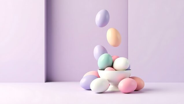 Pastel easter eggs falling into a bowl on a purple background easter holiday spring celebration concept