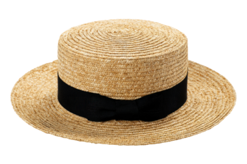 Beige straw boater hat with black ribbon