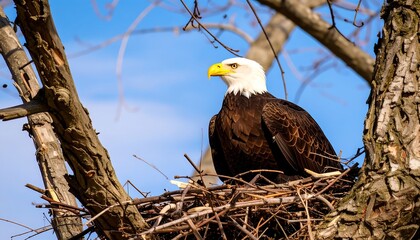 A majestic bald eagle surveys its surroundings from a carefully constructed nest nestled in the branches of a mature tree.