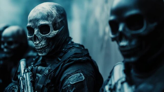 Group of people in dark tactical gear wearing skull masks, holding weapons foggy environment