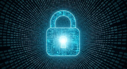 Digital padlock glowing in a tunnel of binary code representing cybersecurity