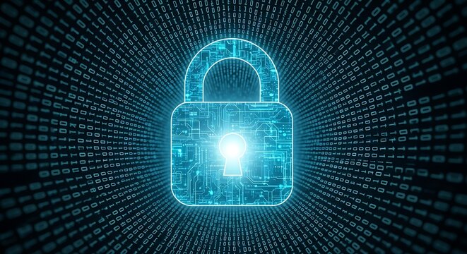 Digital padlock glowing in a tunnel of binary code representing cybersecurity