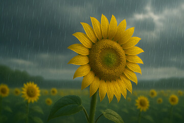 rain in sun flower field