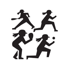 A black silhouette of a baseball player girl with various poses.