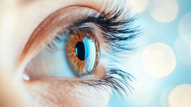Close-up of human eye with brown iris and long eyelashes, against bokeh background