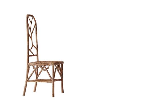 Side view of a wooden chair with intricate, twig-like frame