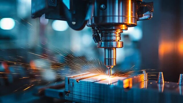 A close-up shot captures a high-tech machine in operation, meticulously drilling into a metal , showcasing precision and industrial processes.