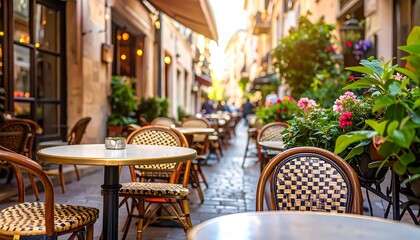 Charming outdoor cafe scene in a European city, with tables and chairs, flowers, and buildings creating a picturesque ambiance. The sunlight adds a warm glow to the quaint setting