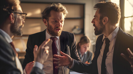 Negotiation, Mediator calming down two negotiators during a heated up