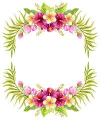 Tropical frame. Floral border ornament. Watercolor painting with Hibiscus flowers and palm leaves. Tropic floral summer arrangement.