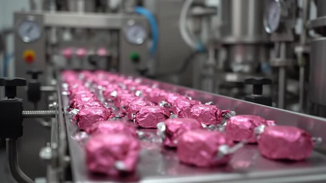 Candy on conveyor belt in food factory shows sweet production line this automated manufacturing process is for mass food production this is a very efficient industrial business