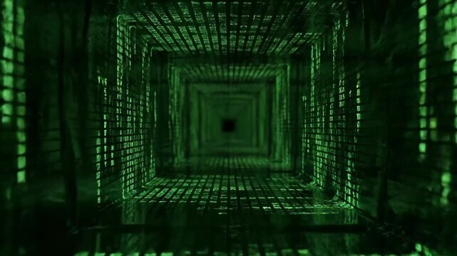Abstract green digital tunnel with matrix code shows futuristic cyberspace journey this technology background is a symbol of data flow this is a cool virtual reality wormhole