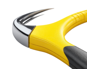 Close Up of Modern Yellow and Black Fiberglass Claw Hammer on Transparent Background