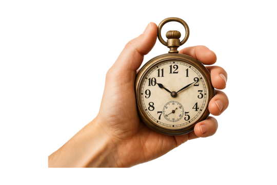 Person Holding Vintage Pocket Watch with Time Display Isolated on a Transparent Background