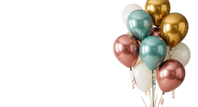Dynamic cluster of metallic and matte balloons with ribbons, floating against a transparent studio background with copy space, concept of business success