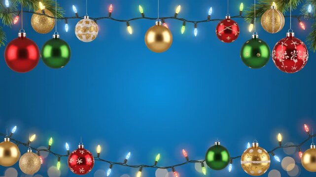 Christmas decorations frame blue background for festive holiday celebration this colorful light bauble design is a great party border this is a perfect new year greeting card template