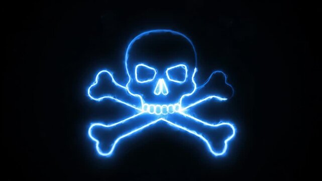 Blue neon skull crossbones sign glows on dark background showing danger warning this toxic symbol is a great digital hazard icon this is a very cool pirate sign this is a toxic icon