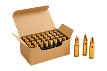 Full Box of Shiny Brass Cartridges Isolated on a Transparent Background