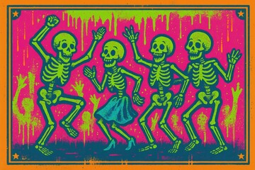 Skeletons dancing with music notes, great for Halloween parties, live music posters, club flyers and themed event promotions
