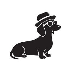 A playful silhouette vector illustration of a dachshund wearing sunglasses and a stylish hat.