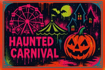 Haunted carnival night scene with jack-o-lantern for amusement marketing, spooky fair themes, Halloween attractions and carnival horror