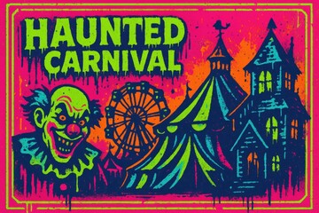 Haunted carnival evil clown poster for horror marketing, haunted attractions, scary entertainment and spooky theme parks
