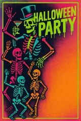 Obraz premium Colorful skeleton dance with neon drinks and copy space. Use for music events, retro posters, Halloween ads, and club promotions. 