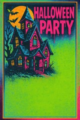 Bright neon haunted mansion with bats under moon. Use for Halloween events, seasonal flyers, party invitations, and spooky marketing campaigns with strong copy space.
