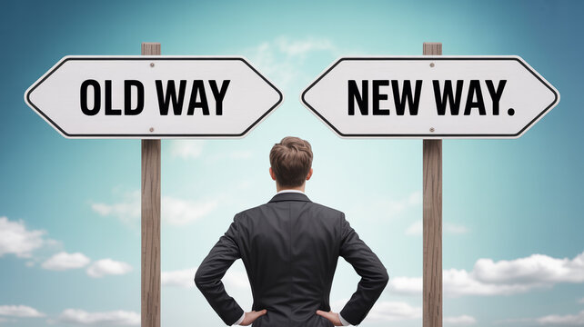 Old way or new way decision making concept for business strategy and career path selection process ahead