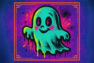 Obraz premium Cute neon ghost illustration with glowing colors. Perfect for Halloween kids’ events, posters, party invites, and seasonal décor. 