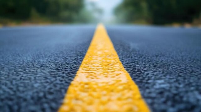 Close-up of asphalt road with yellow line, surrounded by greenery