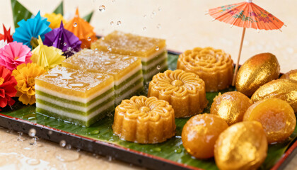 Festive Feast: A close-up shot showcases a diverse array of delicious desserts with a charming miniature umbrella and fan decorations