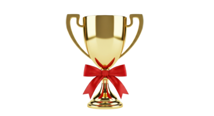 Gold trophy with red ribbon as a prize isolated PNG with Transparent Background